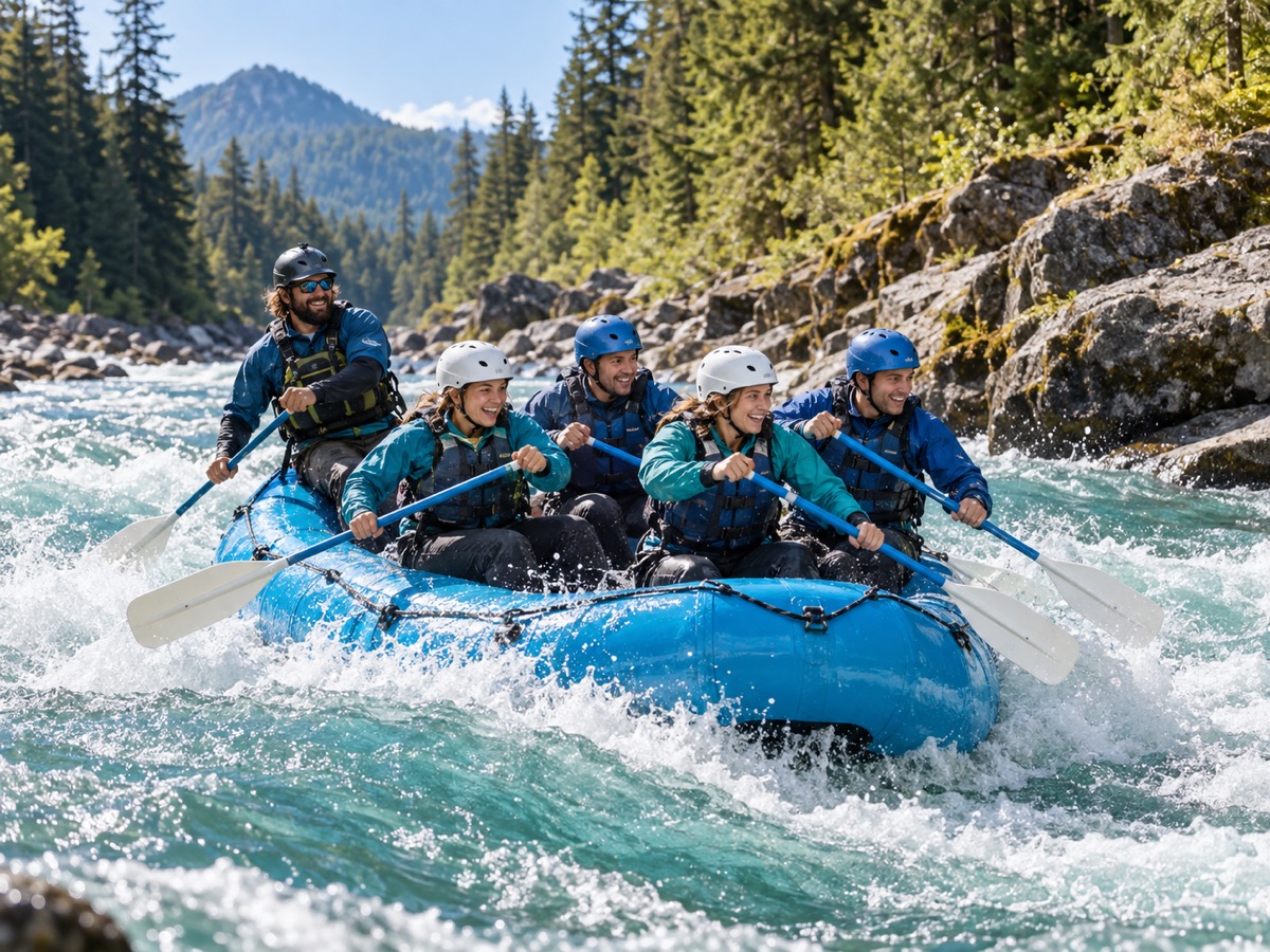A rafting guide and four guests paddling in sync through bright river rapids
